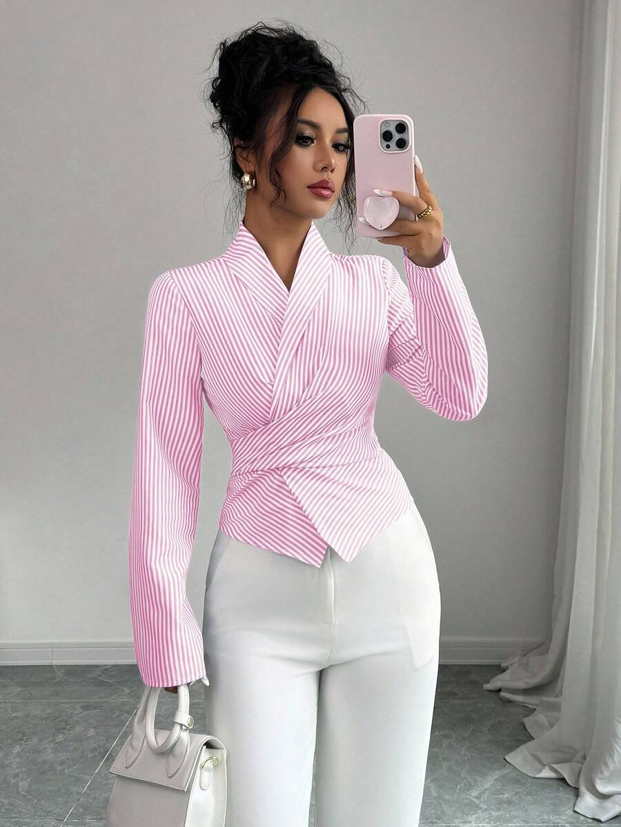 Selianne Blusa de moda con manga larga, cruce delantero y bajo asimétrico para mujer - Multicolor - Ver 1