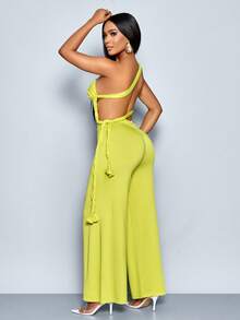 SOLERSUN 女式夏季性感纯色不对称领口褶饰修身镂空连体裤 - 黃色 - 查看 5