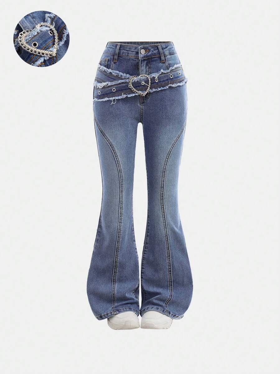 Girlism Tween Girl Y2K Retro Washed High Waist Washed Heart Buckle Belt Flare Leg Jeans, For Streetwear And Valentine Day - Medium Wash - View 1