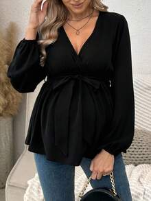 SHEIN Maternity Solid Color Lantern Sleeve Belted V-Neck Elegant Blouse - Black - View 4
