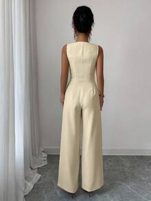 SHEIN Tall 女士休闲无袖背心和阔腿裤套装 - 杏色 - 查看 2