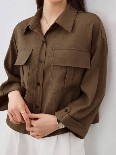 Dazy-Less Women's Loose Business Casual Blazer Style Jacket, Basic Short Sleeve Shirt, Suitable For Spring, Summer, Autumn Long Sleeve