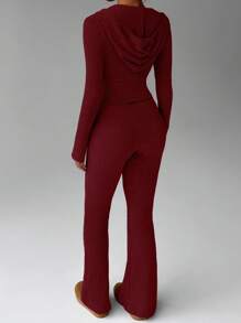 FavEase 2 件杏色羊毛罗纹纹理拉链短款连帽衫和复古喇叭裤套装，简约休闲运动服，女士衣橱必备单品，春秋季 - 酒紅色 - 查看 2