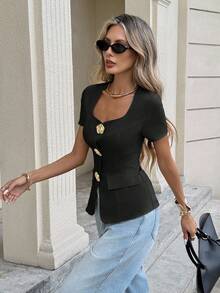 Serisse Women's Sweetheart Collar Metal Flower Single-Breasted Short Sleeve Elegant Blouse,Black Tops Summer