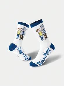 Rick and Morty X SHEIN 1 par de calcetines cómodos de media pantorrilla con contraste de color, letras y figuras de dibujos animados para mujeres - Blanco y Negro - Ver 4