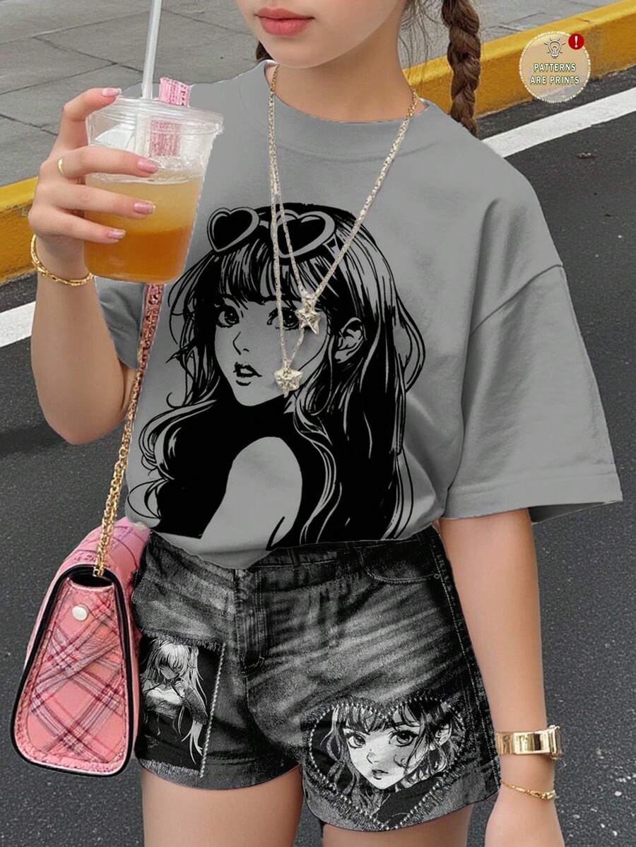SHEIN Leap Crew Bộ 2 áo thun họa tiết tối giản màu xám than và quần short, phong cách anime dạo phố cho bé gái tuổi teen, họa tiết đen trắng cho bé gái, trang phục mùa hè, thoải mái dễ chịu, nhiều lớp quần áo mùa thu cho bé gái tuổi teen, bé gái sành điệu, trang phục thường ngày, quần áo họa tiết trẻ em, trở lại trường, quần áo mùa thu, tiệc chào đón - Nhiều màu - Xem 1
