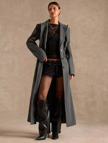 SHEIN BAE 秋冬高级纯色收腰长款大衣 - 深灰色 - 查看 7