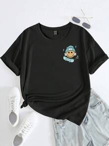 تي شيرت كاجوال للنساء مطبوع عليه عناصر الشطرنج الإبداعية والرسوم الكرتونية للسكيت بورد والشعارات المطبوعة، مقاس كبير الحجم