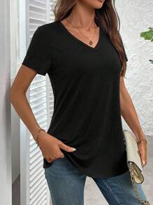 SHEIN Clasi Áo thun tay ngắn rộng rãi màu trơn cổ chữ V thường ngày dành cho nữ - màu đen - Xem 5