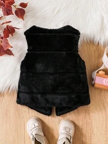 SHEIN Elladie kids 适合年轻女孩的人造毛皮无袖夹克，优雅 - 黑色 - 查看 2