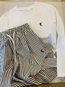 INAWLY 女士骑士印花圆领长袖 T 恤和条纹抽绳腰裤休闲套装 - 白色 - 查看 1