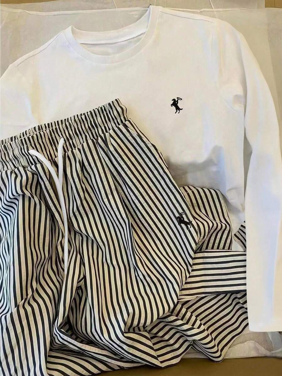 INAWLY 女士骑士印花圆领长袖 T 恤和条纹抽绳腰裤休闲套装 - 白色 - 查看 1