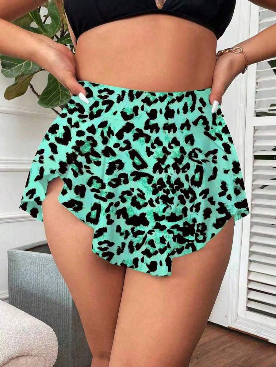 Swim Lushoire Đồ bơi gợi cảm họa tiết da báo cỡ lớn cho nữ có viền bất đối xứng - màu xanh lá - Xem 1