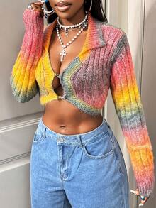 BamGleam Women's Long Sleeve Cardigan Short Shirt Collar Color Block Sexy Knit Sweater Fall Winter Cloth For Women