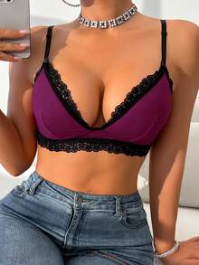 Moonlight&Mama 孕妇撞色蕾丝边性感罗纹哺乳文胸 - 玫紅色 - 查看 5