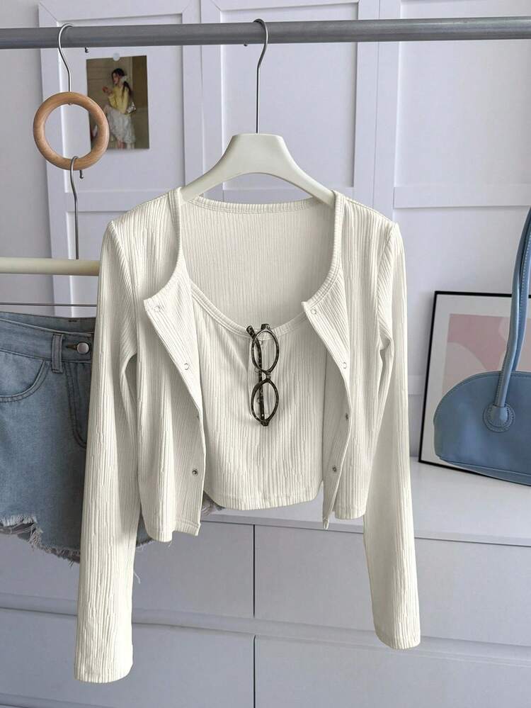 2pcs Women Camisole Cardigan Crop Top Set, Suitable For Autumn & Spring Long Sleeve Top