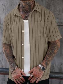 Manfinity Homme Men's Summer Casual Striped Textured Short Sleeve Shirt - Khaki - View 3