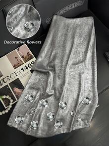 GlowEve CURVE 加大码银色亮片 A 字裙，优雅串珠花卉图案，适合女士 - 銀色 - 查看 1