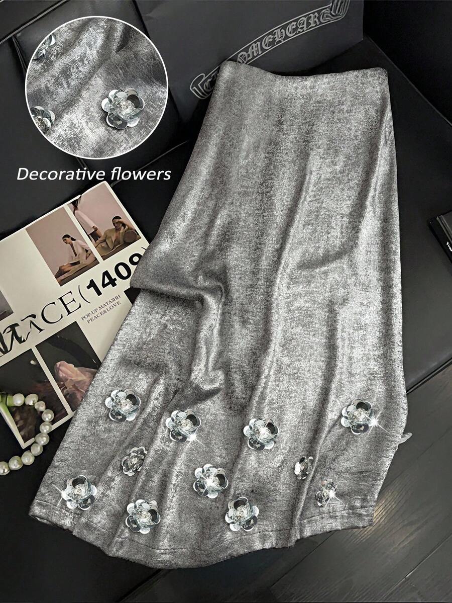 GlowEve CURVE 加大码银色亮片 A 字裙，优雅串珠花卉图案，适合女士 - 銀色 - 查看 1