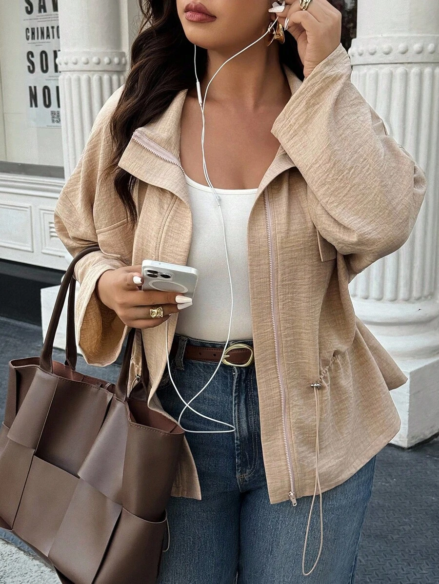 SHEIN LUNE Plus Size Women's Solid Color Drop Shoulder Long Sleeve Drawstring Waist Casual Jacket Fall Winter Cloth For Women Autumn - Khaki - View 1