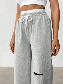 CasuGlow Cotton Drawstring Waist Casual Cut Out Wide Legs Sweatpants - Grey - View 6