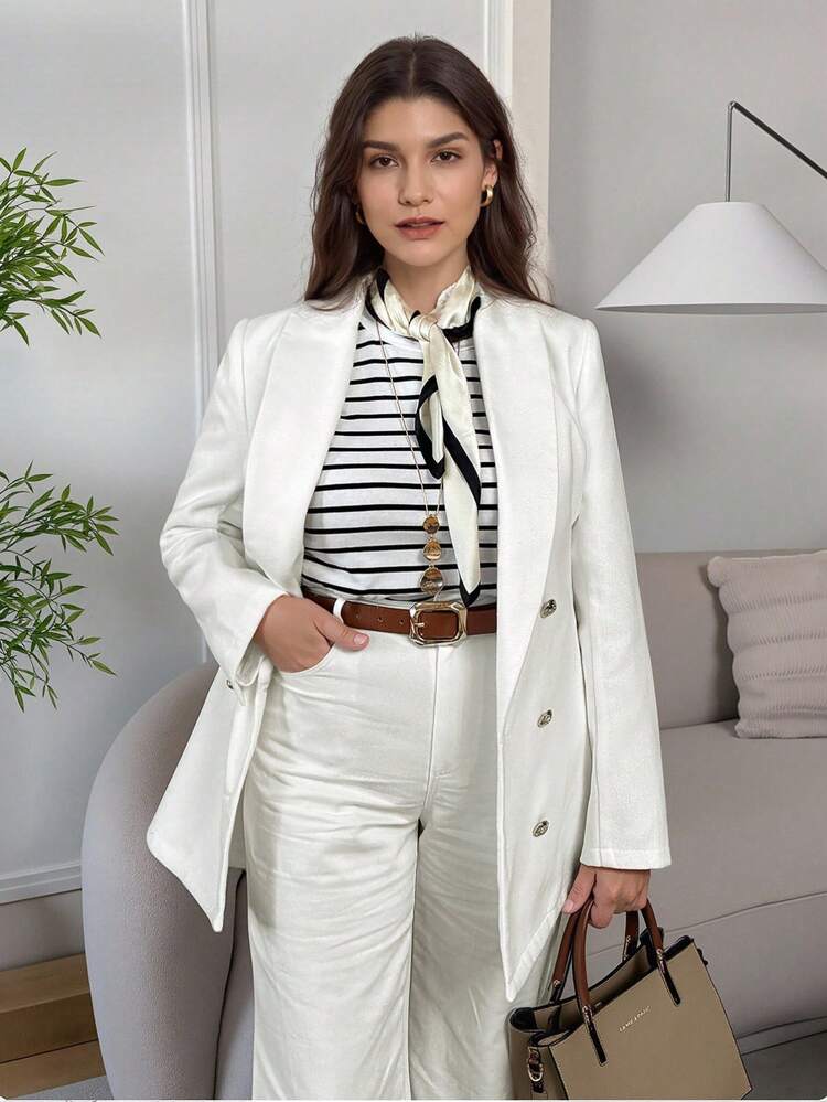 女性ソリッドカラーラペルネック ダブルブレスト 長袖 カジュアルオーバーコート 秋冬用