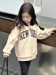 DAZY Young Girls Hooded Sherpa English Print Casual Street Style Long Sleeve Sweatshirt Fall,Winter - Apricot - View 3