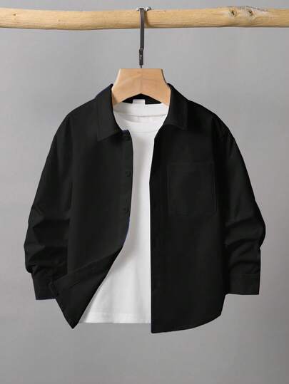 儿童/年轻男孩休闲韩版多口袋纯色梭织白色长袖衬衫，适合学校、花园、海滩、生日、春季、夏季、秋季、冬季学校准备白衬衫长袖上衣白色上衣可爱上衣少女衬衫男童服装长袖儿童服装 Y2k 上衣