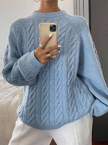 DAZY Women's Loose Fit Solid Color Crew Neck Cable Knit Sweater,Fall Women Clothes Modest Fashion - Blue - View 10