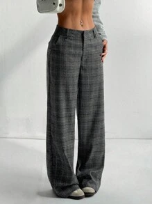 Flirla Tall Women's Extra Long Plaid Dark Grey Casual Loose Comfortable Pants, Suitable For Commuting - Dark Grey - View 3