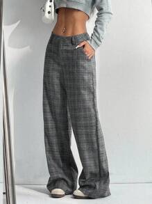 Flirla Tall Women's Extra Long Plaid Dark Grey Casual Loose Comfortable Pants, Suitable For Commuting - Dark Grey - View 6