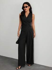 SHEIN PETITE 女士西装，优雅通勤黑色两件套西装女士优雅黑色女士短款优雅女士 - 黑色 - 查看 3