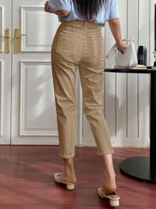 DAZY 女士纯色休闲系带牛仔裤，夏季百搭女式牛仔裤 - 卡其色 - 查看 2