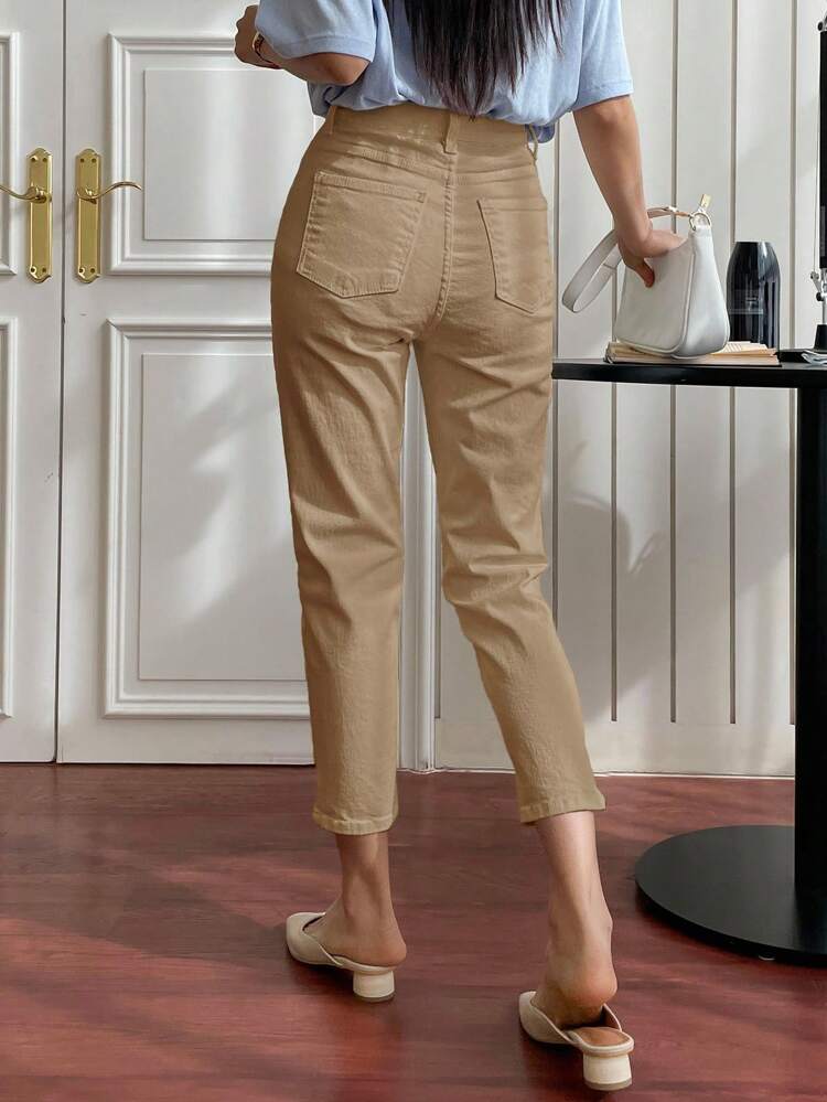 Women's Solid Color Casual Belted Waist Denim Pants, Versatile For Summer Women Jeans