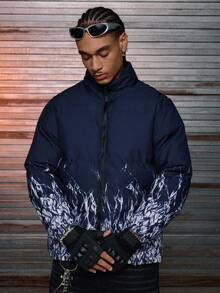 AXEPEAK Men's Ink Texture Zip Front Casual Short Winter Jacket - Blue and White - View 3