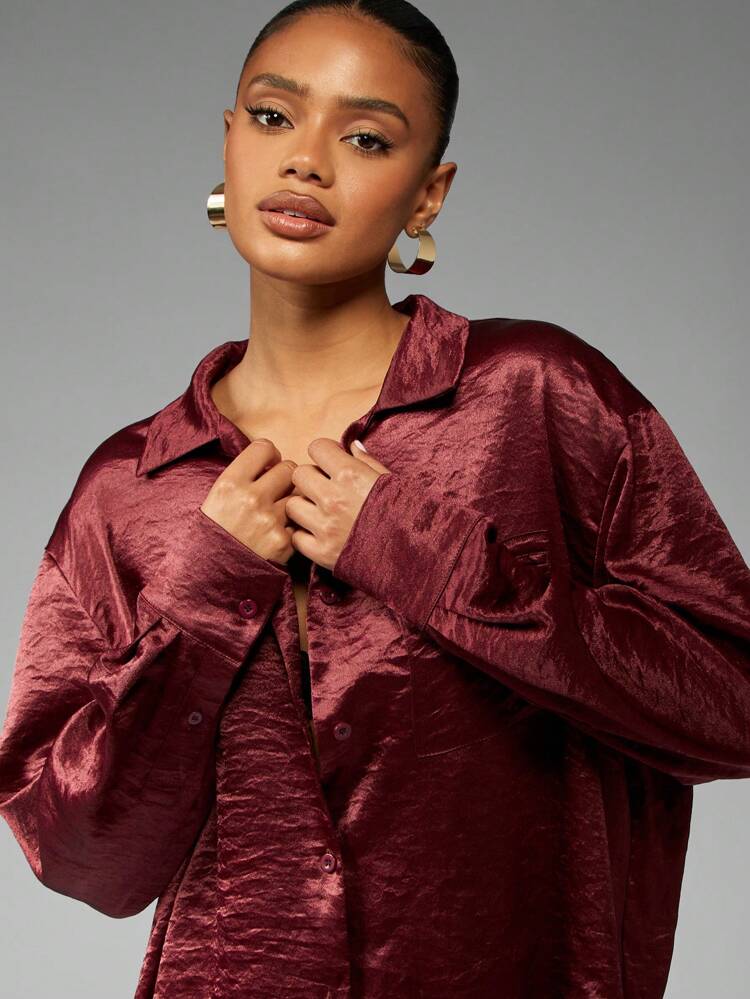 MISSGUIDED Camicetta di seta oversize con bottoni, elegante per serate, feste e uscite notturne, collo lungo, maniche lunghe, colore bordeaux, adatta per l'autunno e l'inverno