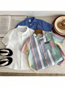 SHEIN 3 Packs Young Boys Casual Minimalist Short Sleeve Shirts, Buy 2 Get 1 Free, School, Campus, College - Multicolor - View 1