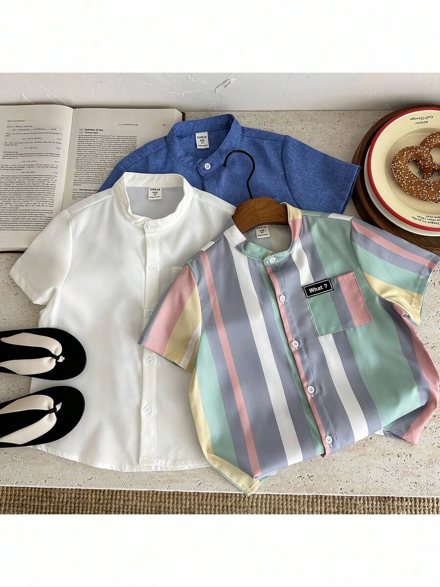SHEIN 3 Packs Young Boys Casual Minimalist Short Sleeve Shirts, Buy 2 Get 1 Free, School, Campus, College - Multicolor - View 1