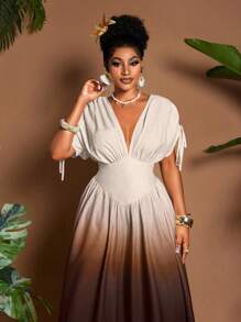 女士优雅浪漫渐变印花领结 V 领 A 字长裙，百搭设计，适合外出、海滩、音乐节、婚礼宾客毕业装商务休闲波西米亚风抽绳领结松紧腰度假旅行春夏秋季 A 字长裙 - 棕色 - 查看 5