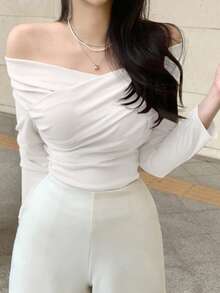 DAZY 優雅露肩設計修身女款長袖T恤上衣 外出穿搭上衣 - 白色 - 查看 2