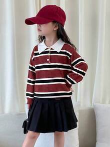 DAZY Young Girl Regular Turndown Collar Striped Korean Style Long Sleeve School Sweater Fall, Winter - Red - View 7