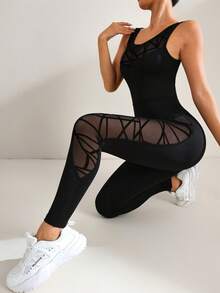 SHEIN Sports 植绒网眼拼布修身连体裤 - 黑色 - 查看 5