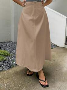Dazy Plus Plus Size A-Line Loose Long Denim White Skirt Fall/Winter - Khaki - View 3