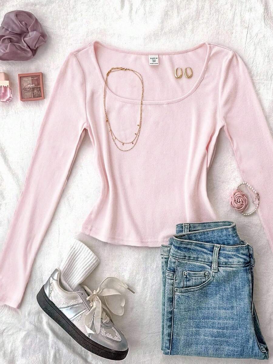 SHEIN Pink Scoop Neck Long Sleeve Cute T-Shirt For Teen Girls With Asymmetrical Hem Cute Tops Teen Girl Clothes Long Sleeve Tops Cute Clothes Girls Clothes Fall Winter - Pink - View 1