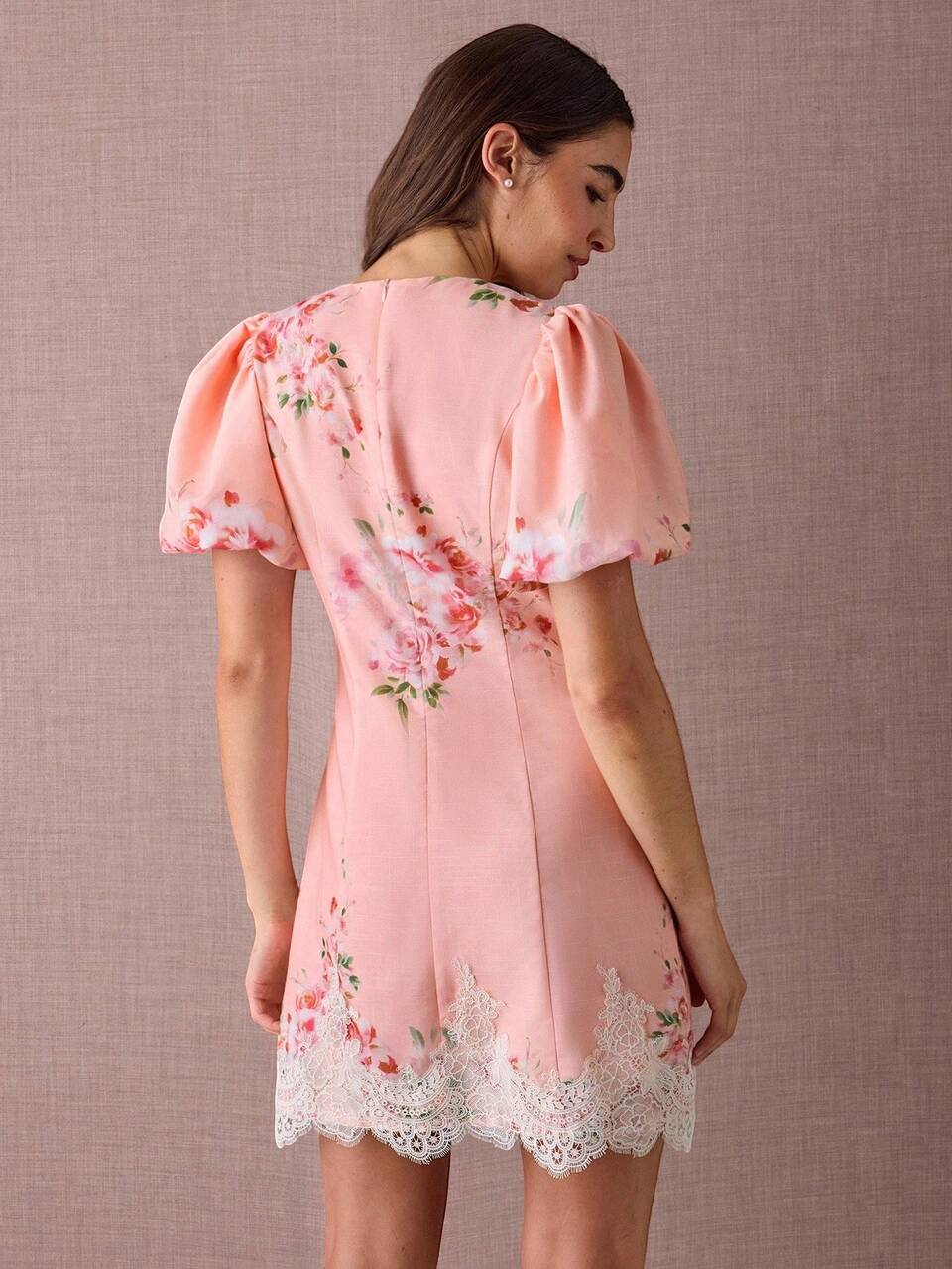 Enchnt Women's Elegant Blush Pink Floral Linen Mini Dress,Summer Puff Sleeve Lace Hem Sweet Dress For Graduation,Party,Wedding Guest&Vacation