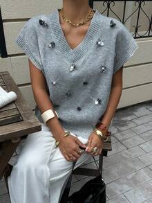 Siren Gaze Áo len nữ cổ chữ V tay ngắn thường ngày, thích hợp mặc hàng ngày vào mùa thu/đông - Xám - Xem 6