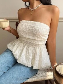 Serisse Women's Floral Ruched Hem Bandeau Crop Top Summer Casual - Beige - View 1