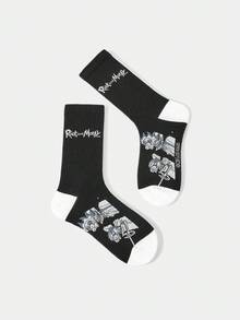 Rick and Morty X SHEIN 1 Pair Cartoon Figure Pattern Colorblock Crew Socks - Black and White - View 3