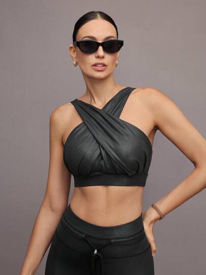 Activina Women's Solid Color Pleated Criss-Cross Everyday Fitness Sports Bra