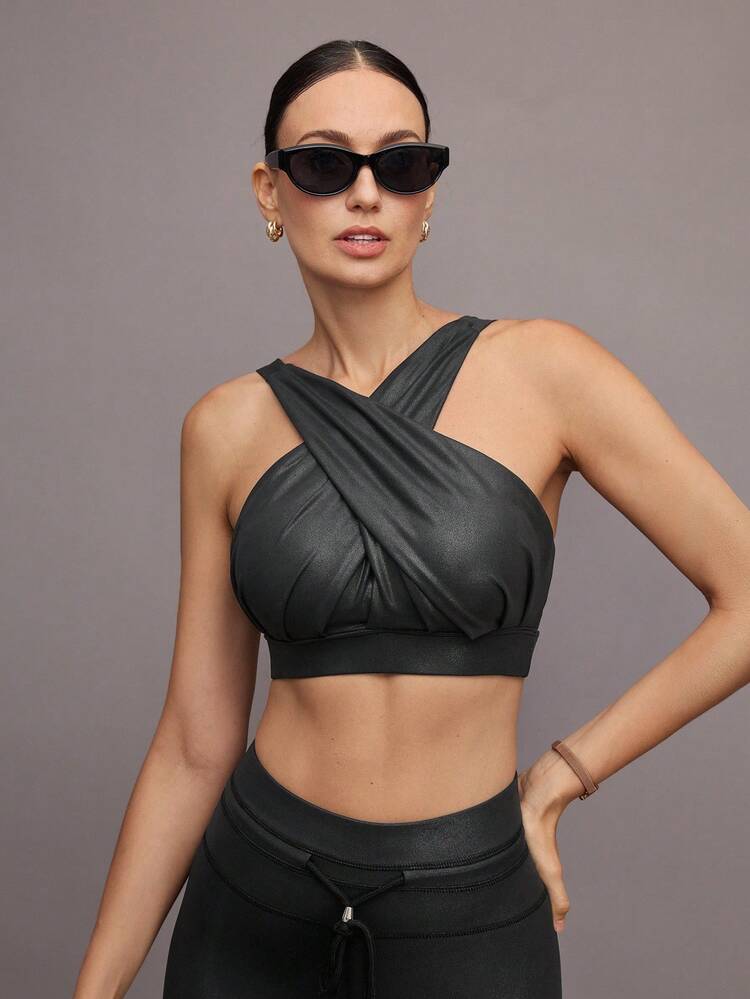 Activina 女士纯色褶皱交叉日常健身运动文胸 - 黑色 - 查看 1